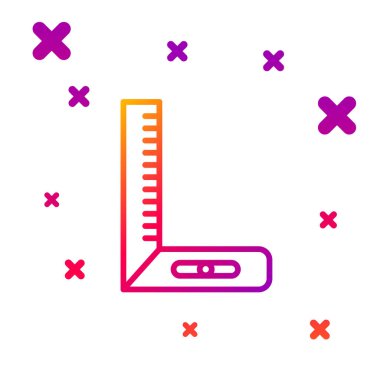 Beyaz arkaplanda renk çizgisi köşe cetvel simgesi izole edildi. Yerleşim alanı, açı cetvel, marangozluk, ölçüm aletleri, ölçek. Kademeli rastgele dinamik şekiller. Vektör İllüstrasyonu.