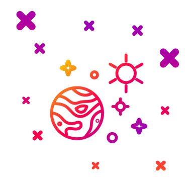 Renk çizgisi uzayı ve gezegen simgesi beyaz arkaplanda izole edildi. Gezegenler kraterler, yıldızlar ve kuyruklu yıldızlarla yüzeye çıkar. Kademeli rastgele dinamik şekiller. Vektör İllüstrasyonu.