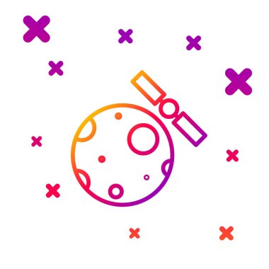 Beyaz arka planda izole edilmiş dış uzay ikonunda Dünya 'nın yörüngesinde dönen renkli yapay uydular. İletişim, navigasyon konsepti. Kademeli rastgele dinamik şekiller. Vektör İllüstrasyonu.