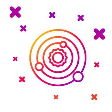 Beyaz arkaplanda izole edilmiş renk çizgisi güneş sistemi simgesi. Gezegenler yıldızın etrafında dönerler. Kademeli rastgele dinamik şekiller. Vektör İllüstrasyonu.