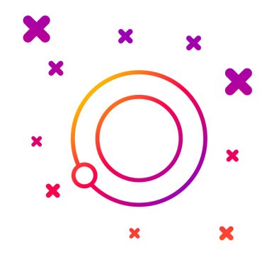 Beyaz arka planda izole edilmiş dış uzay ikonunda Dünya 'nın yörüngesinde dönen renkli yapay uydular. İletişim, navigasyon konsepti. Kademeli rastgele dinamik şekiller. Vektör İllüstrasyonu.