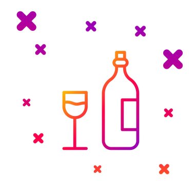 Beyaz arka planda izole edilmiş şarap kadehi ikonu olan renkli şarap şişesi. Mutlu Paskalyalar. Kademeli rastgele dinamik şekiller. Vektör İllüstrasyonu.