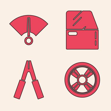 Araba tekerleği, hız göstergesi, araba kapısı ve akü şarj güç kablosu ikonu. Vektör.