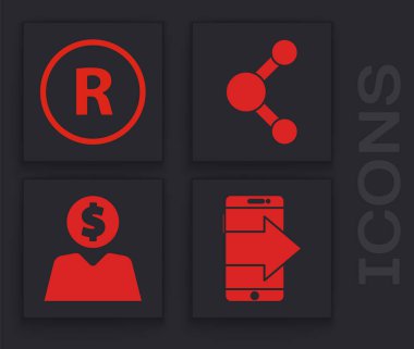 Akıllı telefon, cep telefonu, tescilli ticari marka, paylaşımcı ve iş adamı zihin ikonu. Vektör.