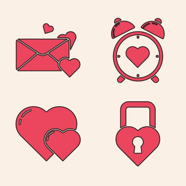 Castle 'ı kalp şeklinde, Zarfı kalp merkezindeki çalar saat ve kalp ikonu şeklinde ayarla. Vektör.