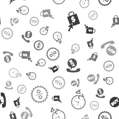 Shoping çanta ve dolar, Saat 24 saat, Telefon ve konuşma baloncuğu ile Buy and Discount yüzde yüz etiketini kusursuz şablona ayarla. Vektör.