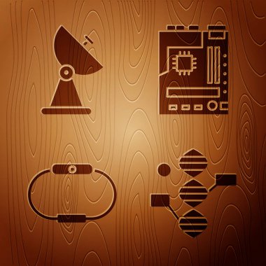 Tahta zemine DNA sembolü, Radar, Smartwatch ve Anakart 'ı yerleştir. Vektör.