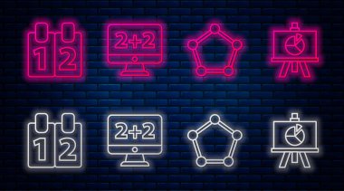 Çizgi, çizelge, çizelge, diyagram, Geometrik şekil küre, Matematik fonksiyonu kosinüs ve XYZ koordinat sistemini ayarla. Tuğla duvarda parlayan neon simgesi. Vektör.