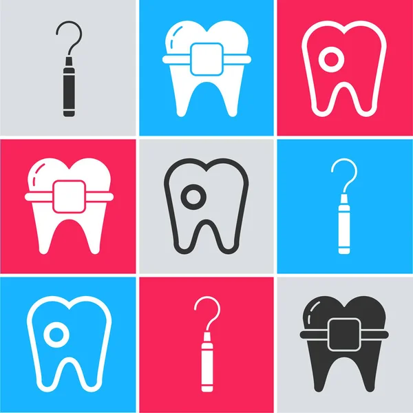 Set Dental Explorer Scaler Teeth Teeth Braces Tooth Caries Icon — Stock Vector