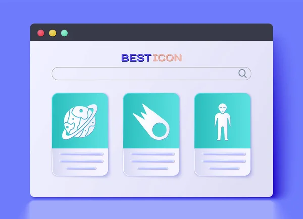 彗星が急速に落下し 土星とエイリアンのアイコンを設定します ベクトル — ストックベクタ