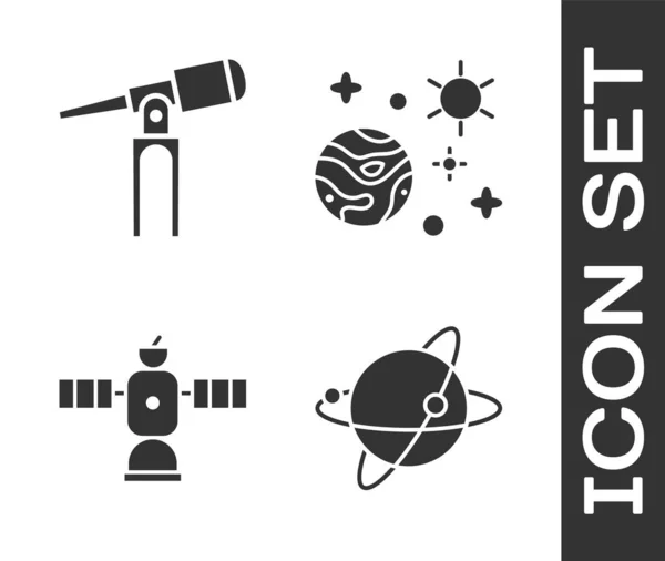 Set Satélites Orbitando Planeta Terra Telescópio Satélite Espaço Planeta Ícone — Vetor de Stock