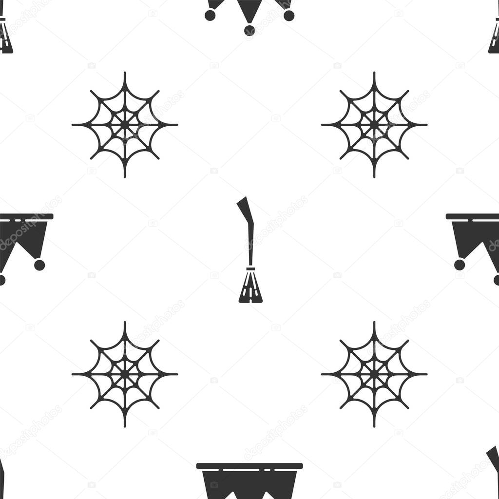 Set Crown, Witches broom and Spider web on seamless pattern. Vector.