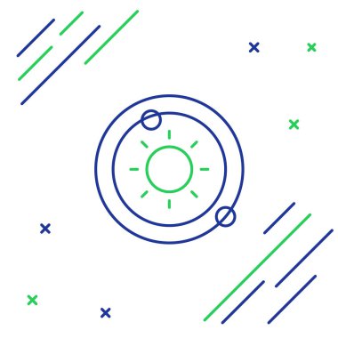 Beyaz arkaplanda izole edilmiş çizgi güneş sistemi simgesi. Gezegenler yıldızın etrafında dönerler. Renkli taslak konsepti. Vektör.