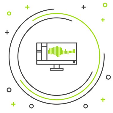 Line Sound ya da ses kaydedici ya da bilgisayar monitörü simgesindeki düzenleyici yazılımı beyaz arkaplanda izole edildi. Renkli taslak konsepti. Vektör.