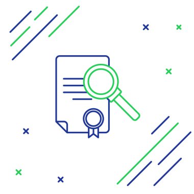 Arama simgesine sahip satır belgesi beyaz arkaplanda izole edildi. Dosya ve büyüteç simgesi. Analitik araştırma işareti. Renkli taslak konsepti. Vektör.