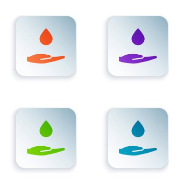 Beyaz arka planda izole edilmiş sabun ikonu olan renkli yıkama elleri. Virüs ve bakterileri önlemek için ellerini sabunla yıkıyorsun. Kare düğmelere renkli simgeleri yerleştir. Vektör İllüstrasyonu.