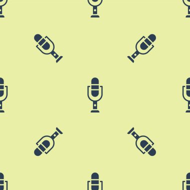 Mavi Mikrofon simgesi sarı arkaplandaki kusursuz deseni izole etti. Radyodaki mikrofondan. Sözcü işareti. Vektör İllüstrasyonu.