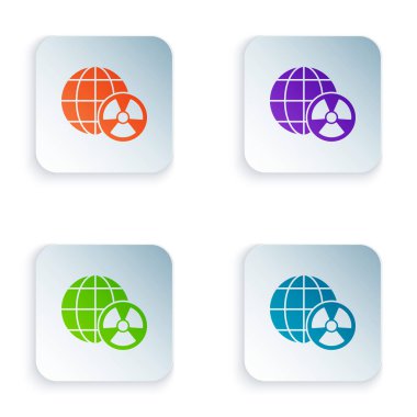 Renkli Gezegen Dünyası ve beyaz arkaplanda izole edilmiş radyasyon sembolü. Çevresel konsept. Kare düğmelere renkli simgeleri yerleştir. Vektör.