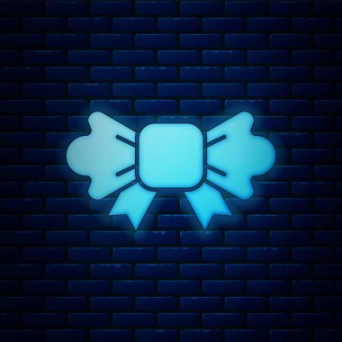 Parlayan neon papyon ikonu tuğla duvar arka planında izole edilmiş. Vektör.