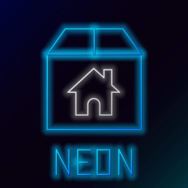 Glödande Neon Line Kartong Med Hus Symbol Ikon Isolerad Svart — Stock vektor