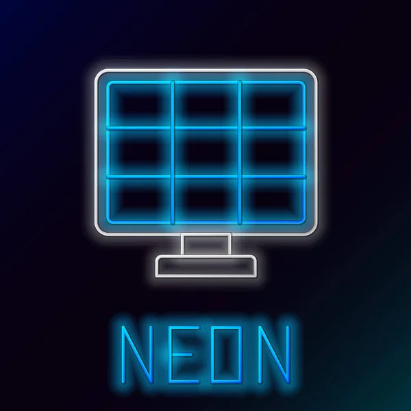 Glödande Neon Linje Solenergi Panel Ikon Isolerad Svart Bakgrund Färgstarkt — Stock vektor