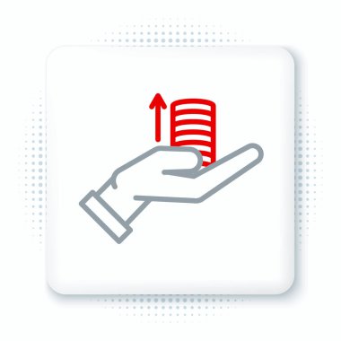 El simgesindeki çizgi parası beyaz arkaplanda izole edildi. Avuç içi kadar para ve ok var. Nakit maaş artışı. Yükselen fiyatlar. Renkli taslak konsepti. Vektör.