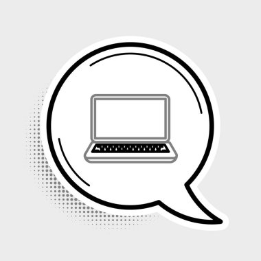 Gri arkaplanda dizüstü bilgisayar simgesi izole edildi. Boş ekran işaretli bilgisayar defteri. Renkli taslak konsepti. Vektör.