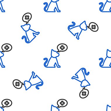 Çizgi Veterinerlik Kliniği sembolü beyaz arka planda izole edilmiş kusursuz desen. Kedi veterinerliği ile karşılaştır. Evcil hayvan ilk yardım işareti. Renkli taslak konsepti. Vektör.