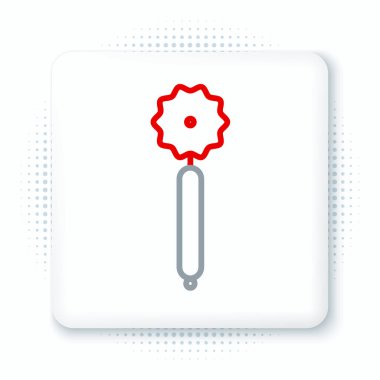 Line Pizza bıçak ikonu beyaz arka planda izole edildi. Pizza kesme tabelası. Çelik mutfak gereçleri. Renkli taslak konsepti. Vektör.