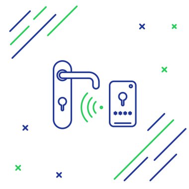 Beyaz arkaplanda izole edilmiş ikonu açmak için kablosuz teknolojiye sahip çizgi dijital kapı kilidi. Kapı kolu tabelası. Güvenlik akıllı ev. Renkli taslak konsepti. Vektör.