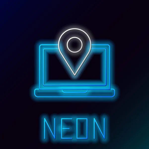 Glödande Neon Line Laptop Med Plats Markör Ikon Isolerad Svart — Stock vektor
