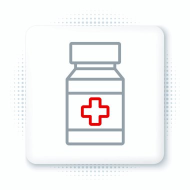 Line Dog ilaç şişesi ve beyaz arka planda izole edilmiş hap ikonu. İçinde haplar olan konteynır. Hayvan için reçeteli ilaç. Renkli taslak konsepti. Vektör.