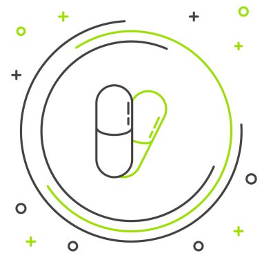 Çizgi Köpeği ve haplar beyaz arka planda izole edilmiş. Hayvan için reçeteli ilaç. Renkli taslak konsepti. Vektör.