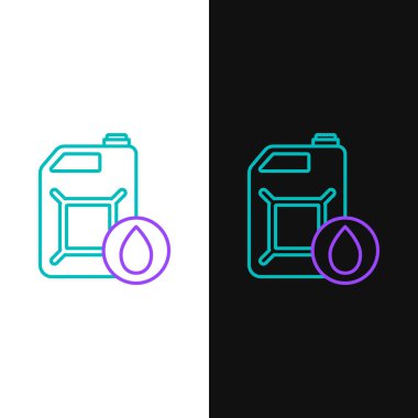 Beyaz ve siyah arkaplanda izole edilmiş motor makine yağı ikonu için çizgi plastik kutu. Benzin bidonu. Yağ değiştirme ve onarım servisi. Renkli taslak konsepti. Vektör.