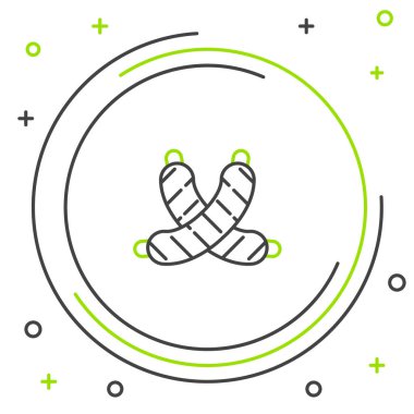 Çizgiyi aşan sosis simgesi beyaz arkaplanda izole edildi. Izgara sosis ve aroma işareti. Renkli taslak konsepti. Vektör.