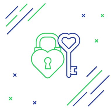 Kalp şeklinde bir kale ve anahtar şeklinde bir çizgi beyaz arka planda izole edilmiş bir kalp şekli ikonu. Aşk sembolü ve anahtar deliği işareti. Renkli taslak konsepti. Vektör.