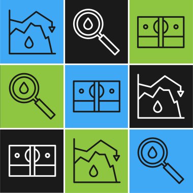 Ham petrol fiyatlarında düşüş, kağıt para yığını ve petrol ikonu. Vektör.