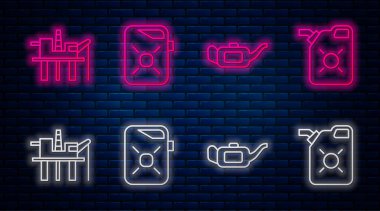 Motor yağı için teneke kutu, motor yağı için teneke kutu, denizde petrol platformu ve motor yağı için teneke kutu ayarlayın. Tuğla duvarda parlayan neon simgesi. Vektör.