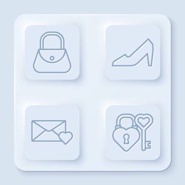 Sıralı el çantası, kadın ayakkabısı, Zarfın içinde 8 Mart ve Kale ve kalp şeklinde anahtarlar. Beyaz kare düğme. Vektör.