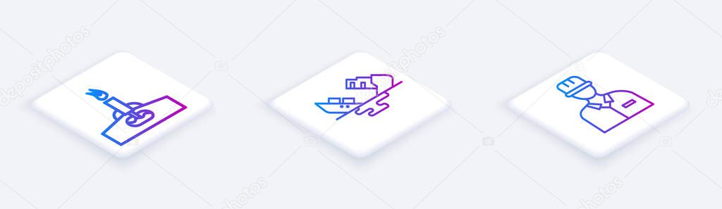 Set Isometric line Oil rig with fire, Wrecked oil tanker ship and Oilman. White square button. Vector.