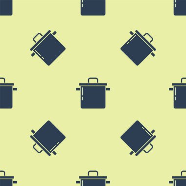 Mavi tencere ikonu sarı arka planda izole edilmiş pürüzsüz desen. Haşlama ya da güveç besin sembolü. Vektör.