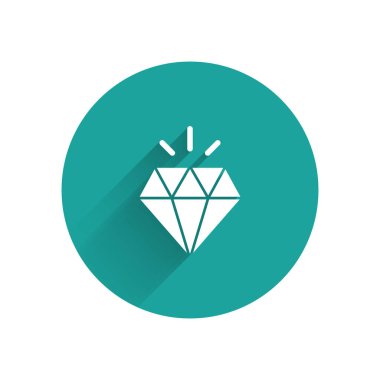 Beyaz Elmas simgesi uzun gölgelerle izole edilmiş. Mücevher sembolü. Mücevher taşı. Yeşil daire düğmesi. Vektör.