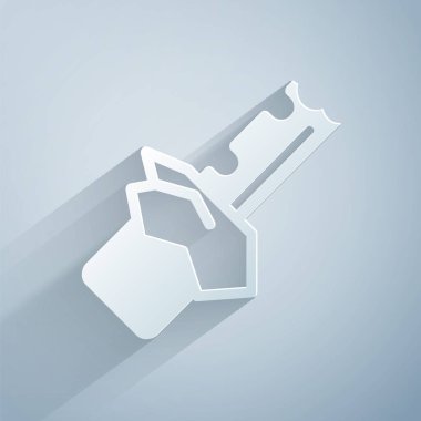 Kağıt kesiği, gri arka planda izole edilmiş Bitten çikolata ikonu. Kağıt sanatı tarzı. Vektör.