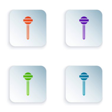 Renkli lolipop simgesi beyaz arkaplanda izole edildi. Yemek, lezzetli bir sembol. Kare düğmelere renkli simgeleri yerleştir. Vektör.