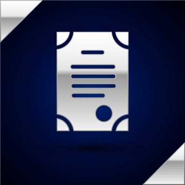 Gümüş Ölüm Sertifikası simgesi koyu mavi arka planda izole edildi. Vektör.