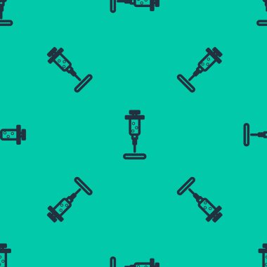 Mavi çizgi şırınga ikonu yeşil arkaplandaki kusursuz deseni izole etti. Aşı için şırınga, aşı, iğne, grip aşısı. Tıbbi ekipman. Vektör İllüstrasyonu.