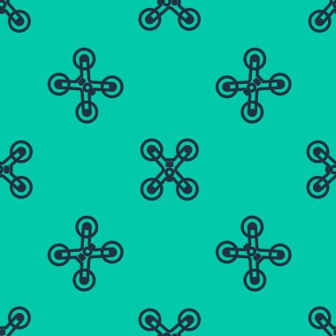 Mavi çizgi uçan İHA ikonu yeşil arka planda kusursuz desen izole etti. Video ve fotoğraf makinesi sembollü dörtlü helikopter. Vektör İllüstrasyonu.