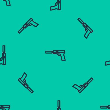 Susturucu ikonlu mavi çizgi tabancası ya da tabanca yeşil arka planda kusursuz desen izole etti. Vektör İllüstrasyonu.