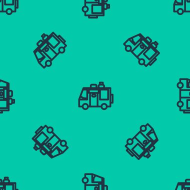 Mavi çizgi karavan karavan ikonu yeşil arka planda izole edilmiş pürüzsüz desen. Gezici ev, karavan, yolculuk için ev karavanı. Vektör İllüstrasyonu.