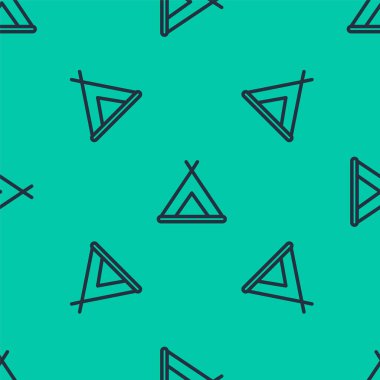 Mavi çizgi turist çadırı simgesi yeşil arka planda izole edilmiş pürüzsüz desen. Kamp sembolü. Vektör İllüstrasyonu.